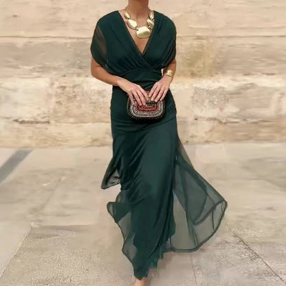 Elegant Off Shoulder Maxi Dress for Women with Draped Bodice Ruched Waist Formal Wedding Guest Style