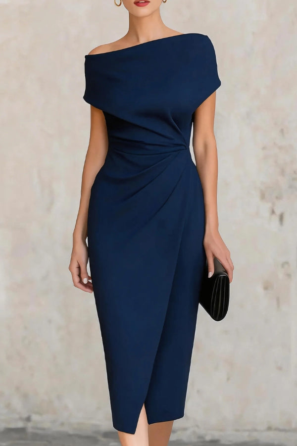 Elegant Draped Midi Dress for Women with Off Shoulder Cap Sleeve Ruched Wrap Bodycon Cocktail Style