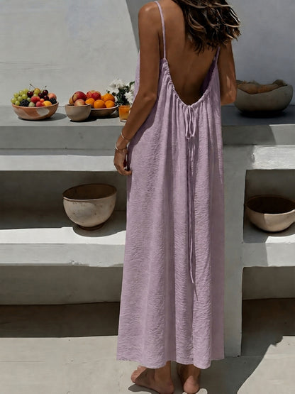 Effortless Crinkled Maxi Dress for Women with Scoop Back Spaghetti Strap Drawstring Flowing Bohemian Style