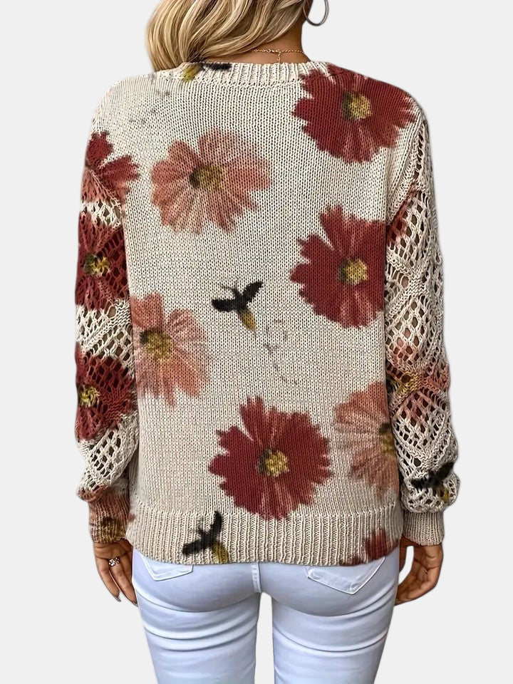 Comfortable Floral Print Sweater for Women with V Neck Long Sleeve Crochet Lace Oversized Knit Style