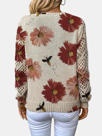 Comfortable Floral Print Sweater for Women with V Neck Long Sleeve Crochet Lace Oversized Knit Style