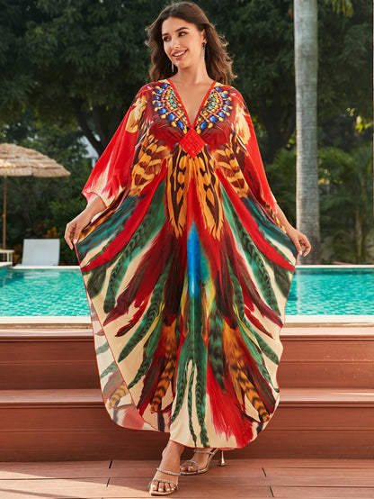 Elegant Multicolor Feather Print Kaftan Dress for Women with V Neck Batwing Sleeve Beaded Flowing Bohemian Style