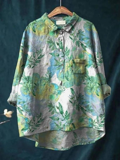 Effortless Floral Blouse for Women with Collar Long Sleeve Button Front High Low Hem Style