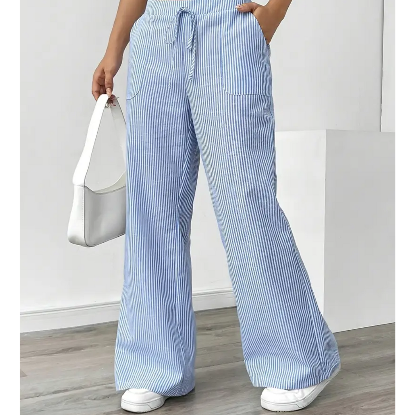 Effortless Striped Wide Leg Pants for Women with High Waist Drawstring Side Pocket Relaxed Casual Style