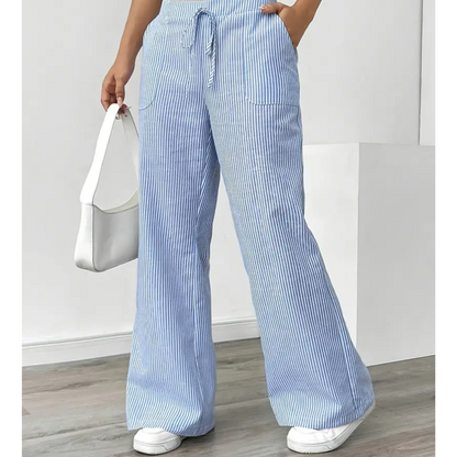 Effortless Striped Wide Leg Pants for Women with High Waist Drawstring Side Pocket Relaxed Casual Style