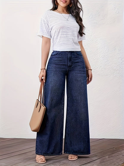 Effortless Relaxed Blue Wide Leg Jeans for Women with High Waist Straight Style
