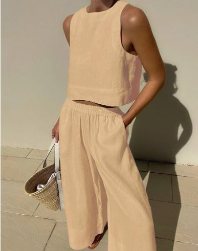 Effortless Linen Wide Leg Set for Women with Square Neck Sleeveless Elastic Waist Two Piece Style