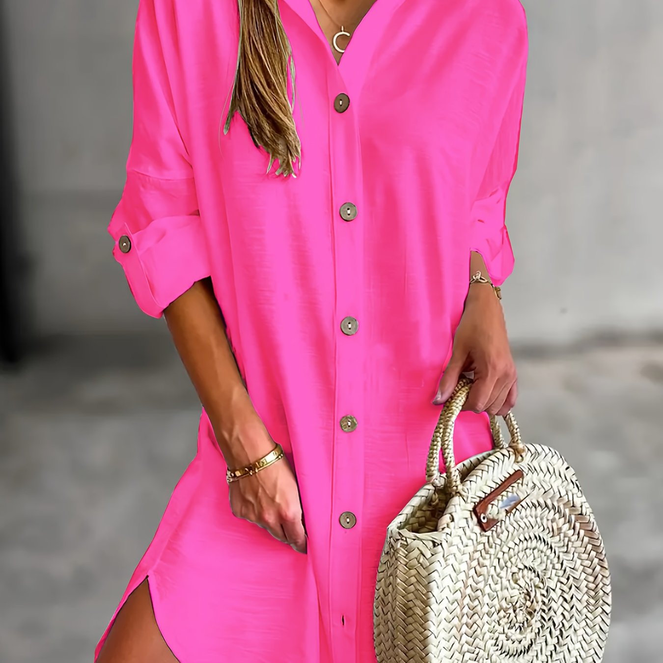 Effortless Button Front Shirt Dress for Women with Collar Long Sleeve Relaxed Oversized Style