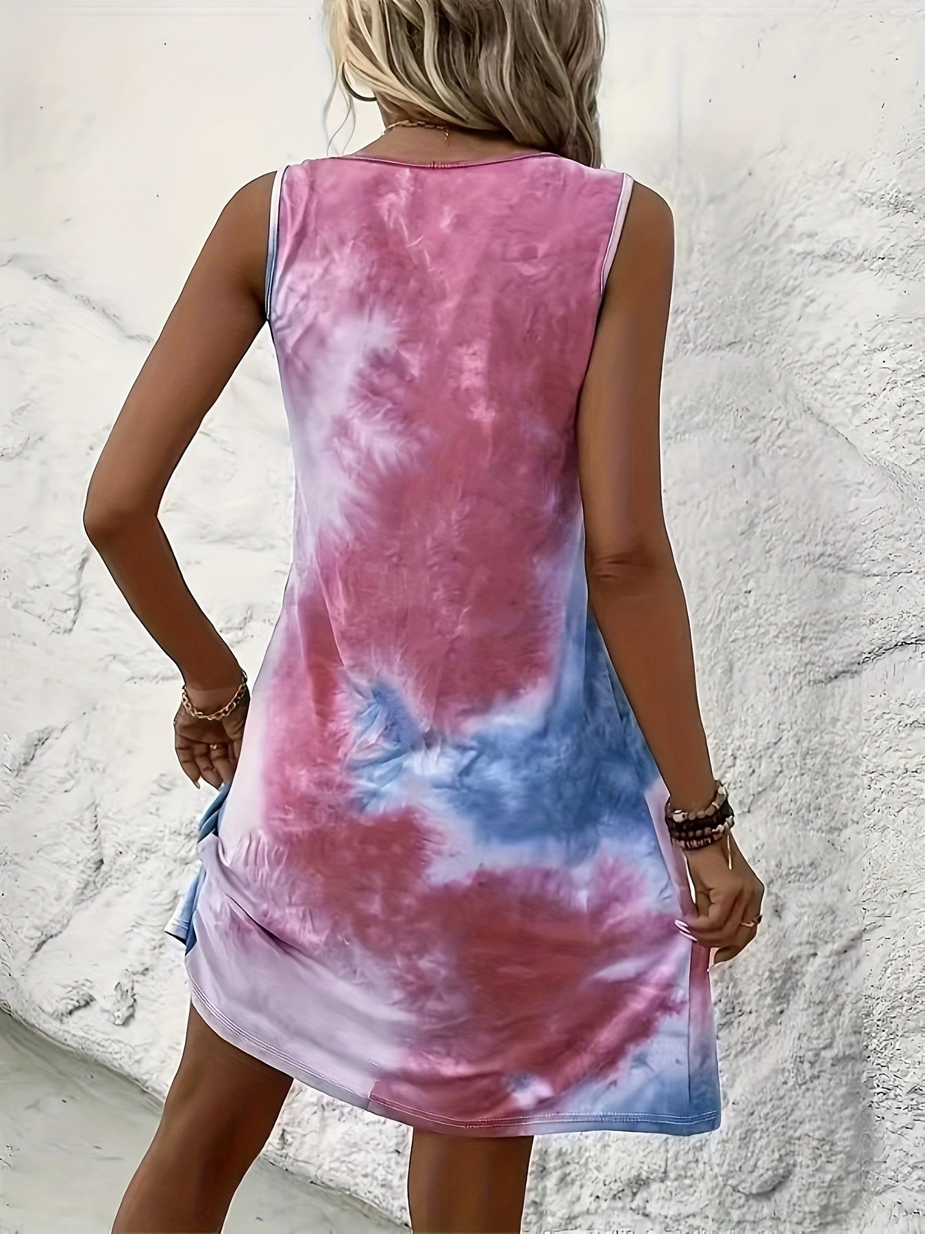 Effortless Tie Dye Mini Dress for Women with Scoop Neck Sleeveless Pleated Flowy Bohemian Style