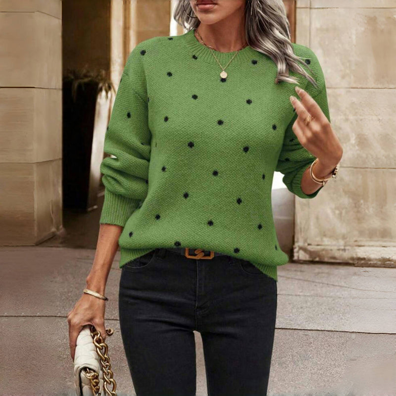 Comfortable Polka Dot Sweater for Women with Crew Neck Long Sleeve Relaxed Oversized Knit Style