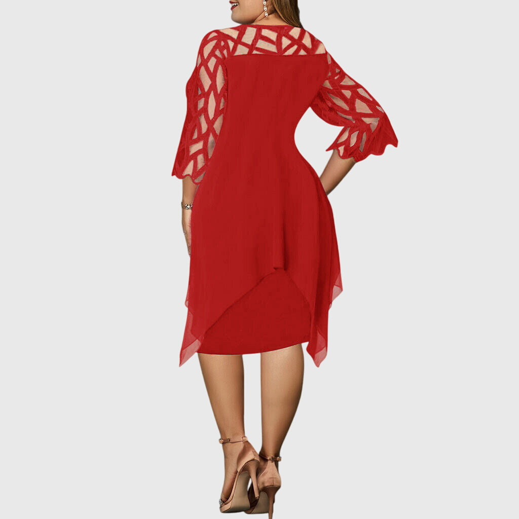 Elegant Chiffon Midi Dress for Women with Lace Yoke Long Sleeve Handkerchief Hem Formal Wedding Guest Style