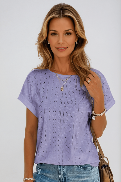 Effortless Eyelet Blouse for Women with Round Neck Short Sleeve Cuffed Relaxed Casual Style