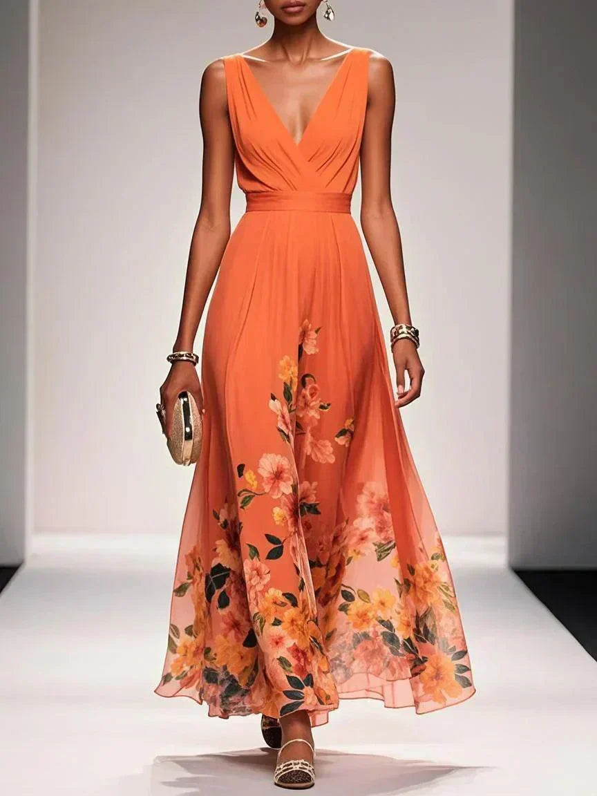 Effortless Floral Chiffon Maxi Dress for Women with Deep V Neck Sleeveless Flowing Formal Wedding Guest Style