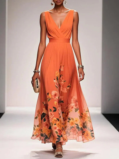 Effortless Floral Chiffon Maxi Dress for Women with Deep V Neck Sleeveless Flowing Formal Wedding Guest Style