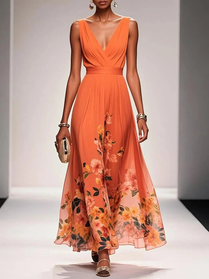 Effortless Floral Chiffon Maxi Dress for Women with V Neck Sleeveless Pleated Flowing Wedding Guest Style