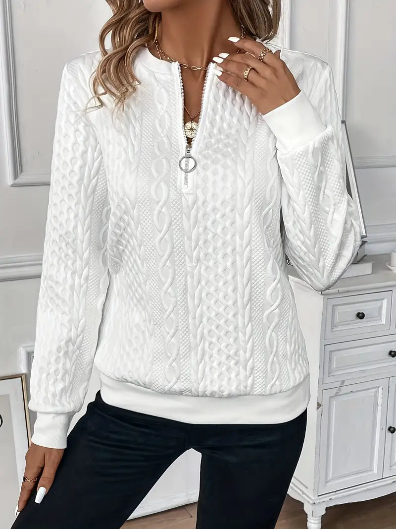 Comfortable Cable Knit Sweater for Women with Zip Collar Long Sleeve Relaxed Casual Style