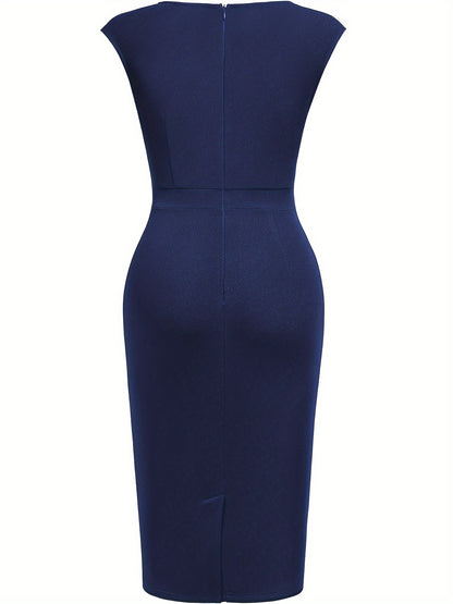Elegant Sheath Midi Dress for Women with Sweetheart Neckline Cap Sleeve Ruched Bodycon Work Style