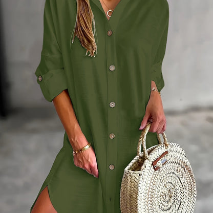 Effortless Button Front Shirt Dress for Women with Collar Long Sleeve Relaxed Oversized Style