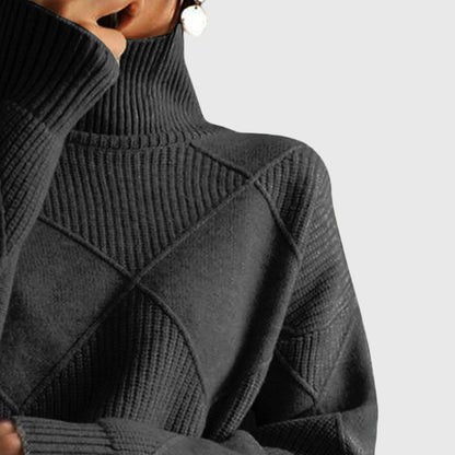 Comfortable Diamond Pattern Sweater for Women with Turtleneck Long Sleeve Relaxed Oversized Knit Style