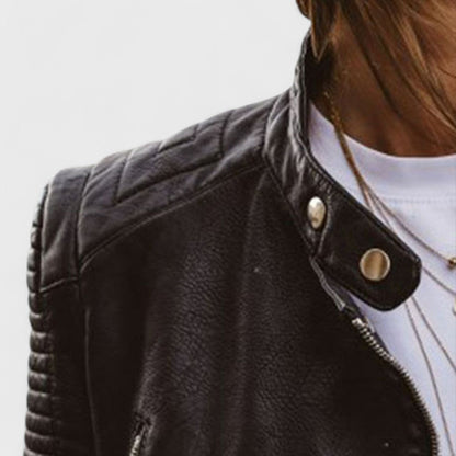 Elegant Black Leather Jacket for Women with Snap Collar Long Sleeve Quilted Cropped Biker Style