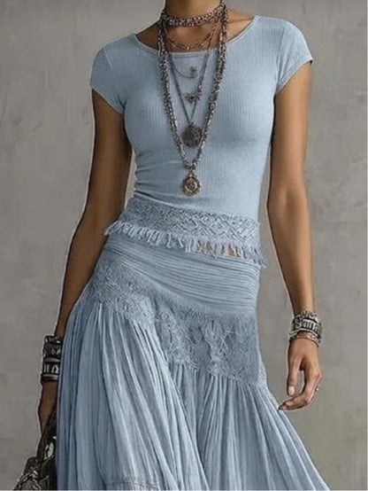 Effortless Blue Two Piece Set for Women with Cap Sleeve Top Lace Waist Tiered Maxi Skirt Bohemian Style