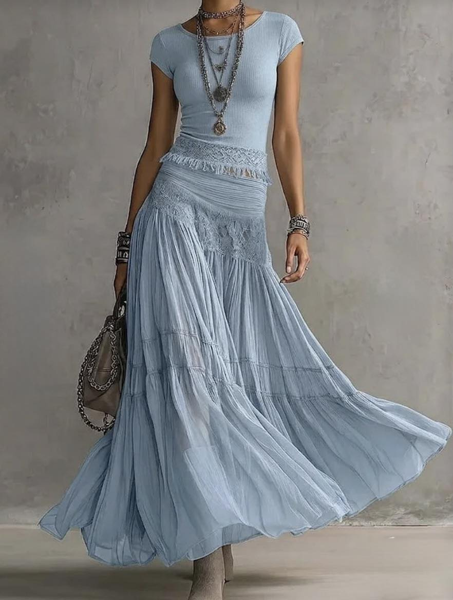 Effortless Blue Two Piece Set for Women with Cap Sleeve Top Lace Waist Tiered Maxi Skirt Bohemian Style