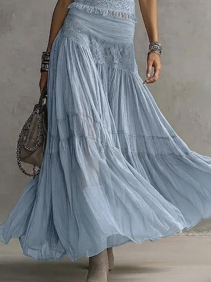 Effortless Blue Two Piece Set for Women with Cap Sleeve Top Lace Waist Tiered Maxi Skirt Bohemian Style