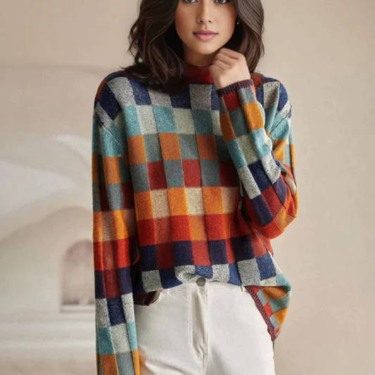 Comfortable Multicolor Checkered Sweater for Women with High Neck Long Sleeve Relaxed Oversized Knit Style