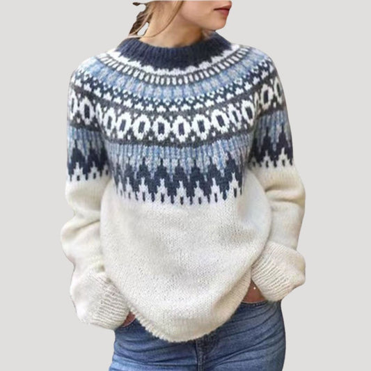 Comfortable Fair Isle Sweater for Women with Crew Neck Long Sleeve Relaxed Oversized Knit Style