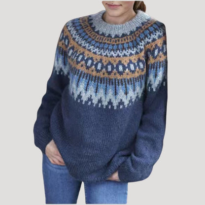 Comfortable Fair Isle Sweater for Women with Crew Neck Long Sleeve Relaxed Oversized Knit Style