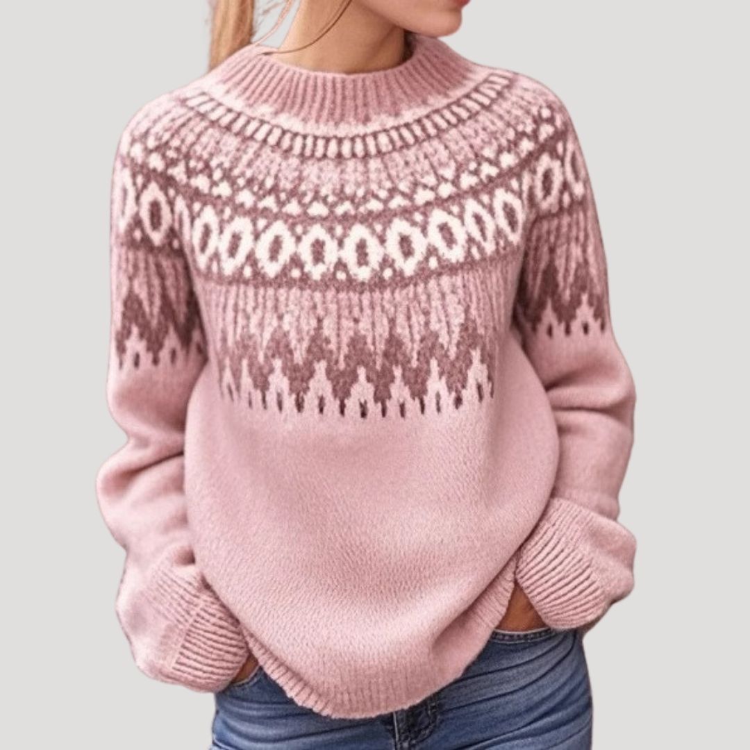 Comfortable Fair Isle Sweater for Women with Crew Neck Long Sleeve Relaxed Oversized Knit Style