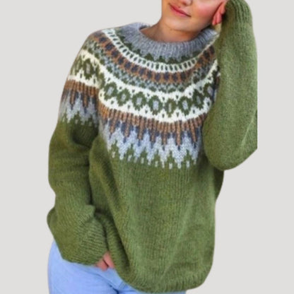 Comfortable Fair Isle Sweater for Women with Crew Neck Long Sleeve Relaxed Oversized Knit Style