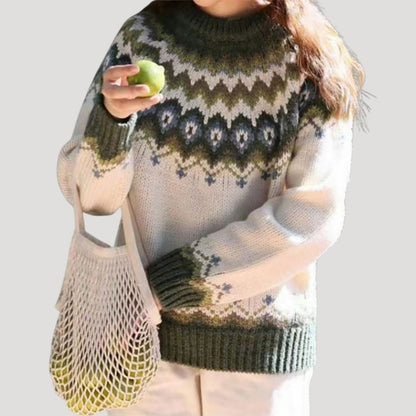 Comfortable Fair Isle Sweater for Women with Crew Neck Long Sleeve Relaxed Oversized Knit Style