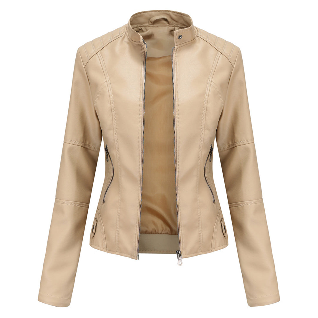 Elegant Faux Leather Moto Jacket for Women with Stand Collar Long Sleeve Zip Front Fitted Style