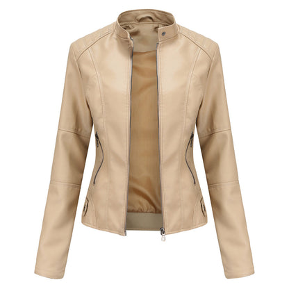 Elegant Faux Leather Moto Jacket for Women with Stand Collar Long Sleeve Zip Front Fitted Style