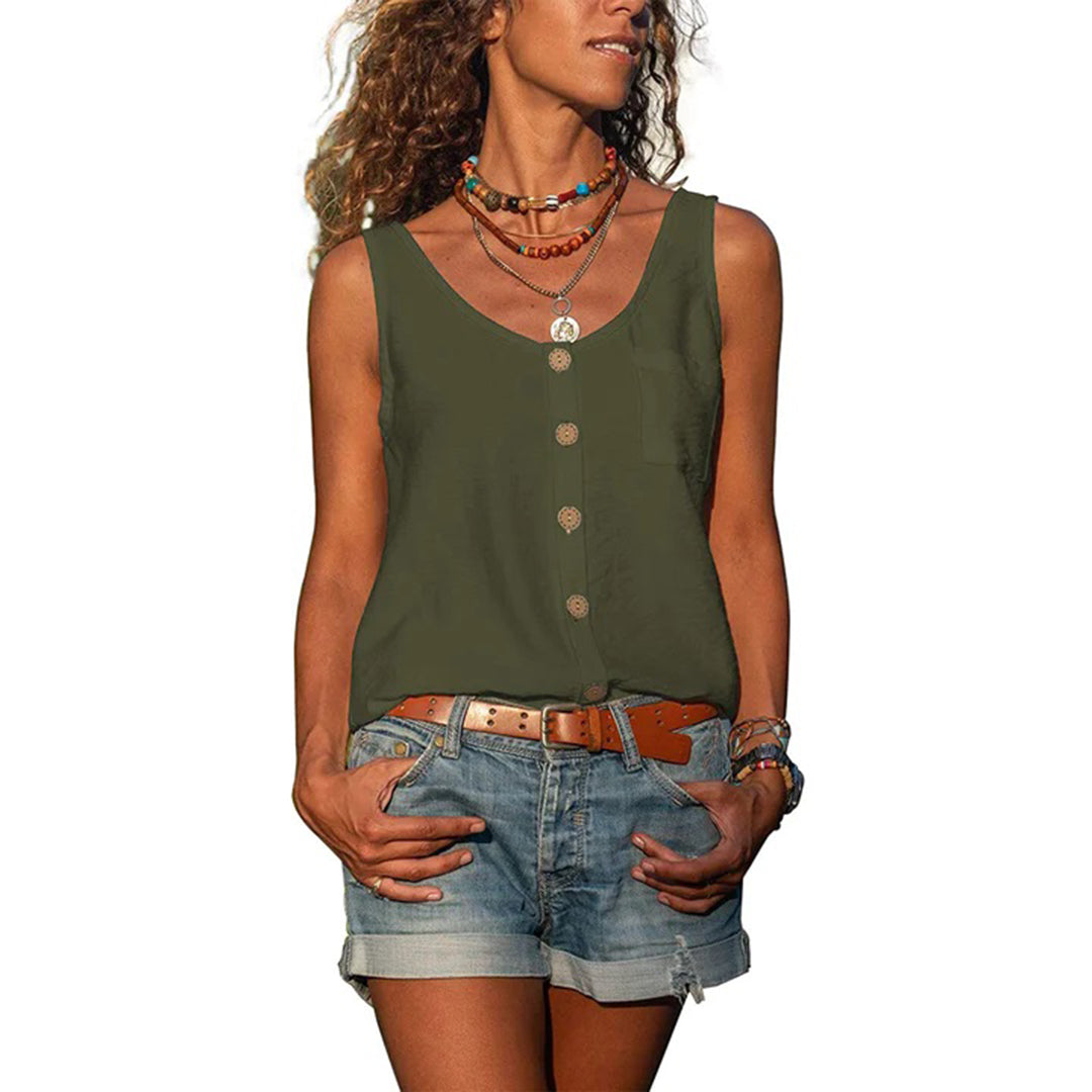 Effortless Linen Button Front Tank Top for Women with Scoop Neck Sleeveless Relaxed Boho Style