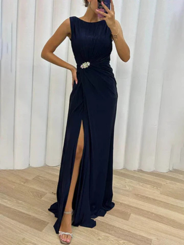 Elegant One Shoulder Evening Dress for Women with Draped Ruched Waist Side Slit
