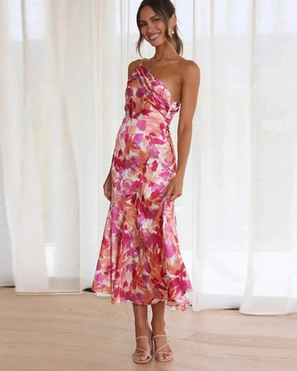 Elegant Floral Midi Dress for Women with V Neck Spaghetti Strap Ruffle Hem Formal Wedding Guest Style