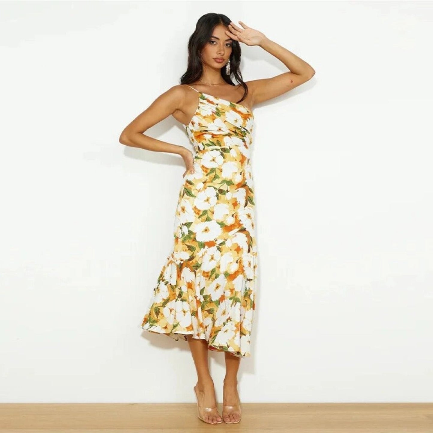 Elegant Floral Midi Dress for Women with V Neck Spaghetti Strap Ruffle Hem Formal Wedding Guest Style