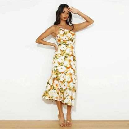 Elegant Floral Midi Dress for Women with V Neck Spaghetti Strap Ruffle Hem Formal Wedding Guest Style