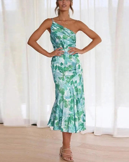 Elegant Floral Midi Dress for Women with V Neck Spaghetti Strap Ruffle Hem Formal Wedding Guest Style