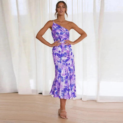 Elegant Floral Midi Dress for Women with V Neck Spaghetti Strap Ruffle Hem Formal Wedding Guest Style