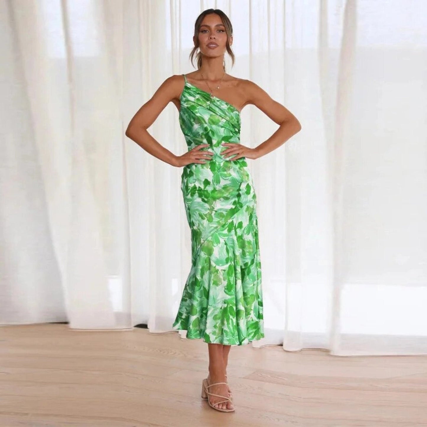 Elegant Floral Midi Dress for Women with V Neck Spaghetti Strap Ruffle Hem Formal Wedding Guest Style