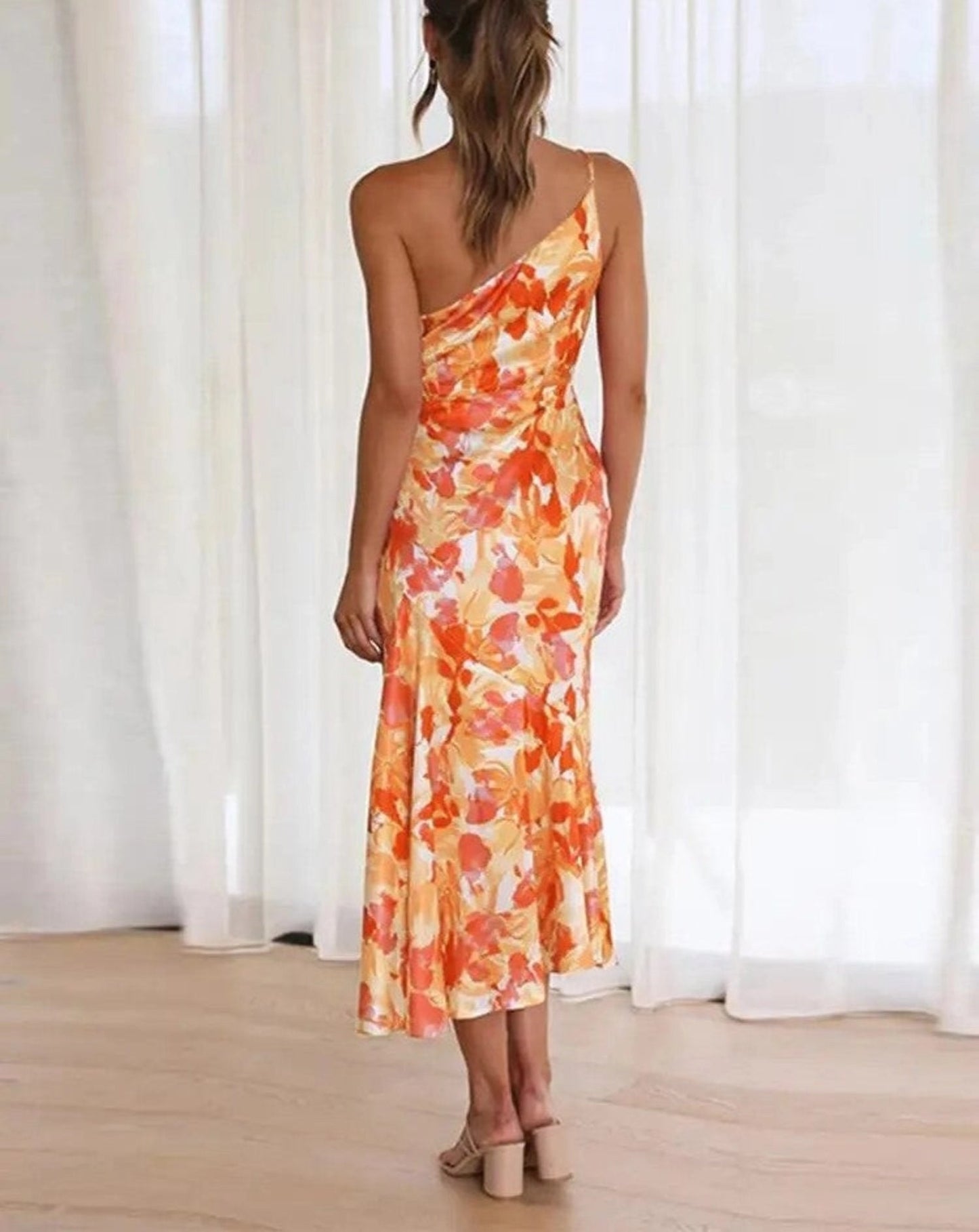 Elegant Floral Midi Dress for Women with V Neck Spaghetti Strap Ruffle Hem Formal Wedding Guest Style