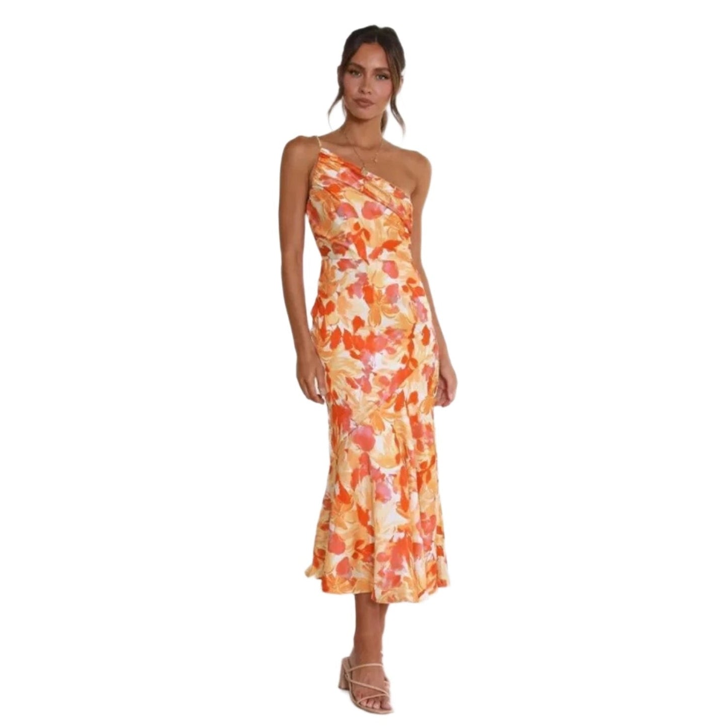 Elegant Floral Midi Dress for Women with V Neck Spaghetti Strap Ruffle Hem Formal Wedding Guest Style