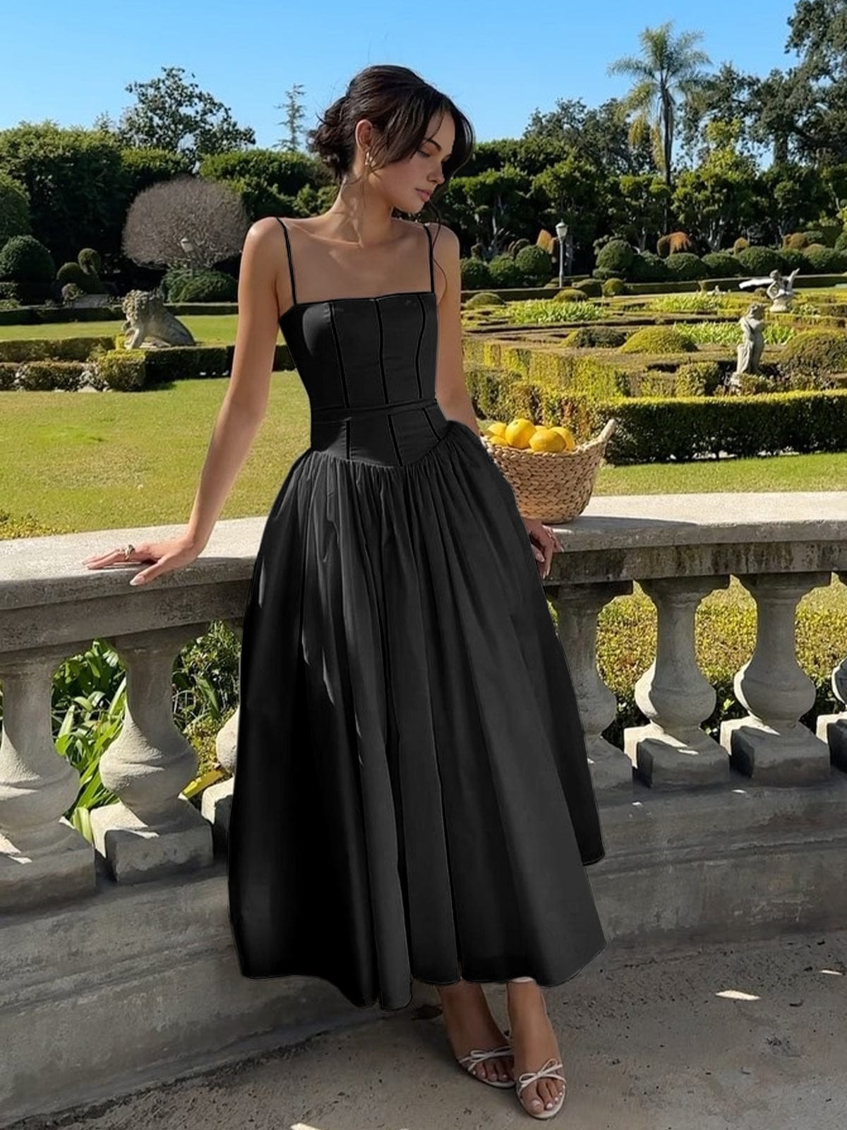 Elegant Strapless Midi Dress for Women with Corset Bodice Full Tea Length Skirt Formal Wedding Guest Style