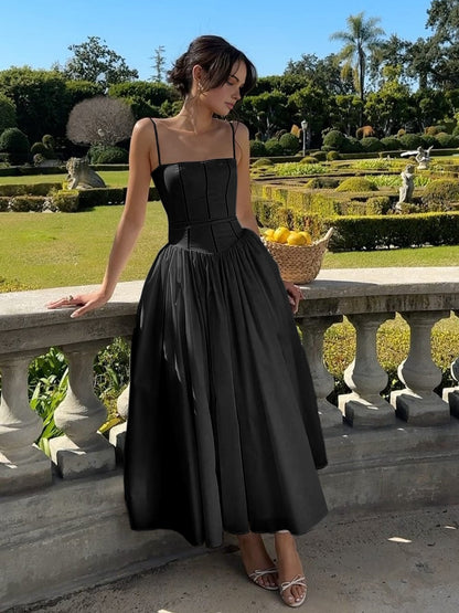 Elegant Strapless Midi Dress for Women with Corset Bodice Full Tea Length Skirt Formal Wedding Guest Style