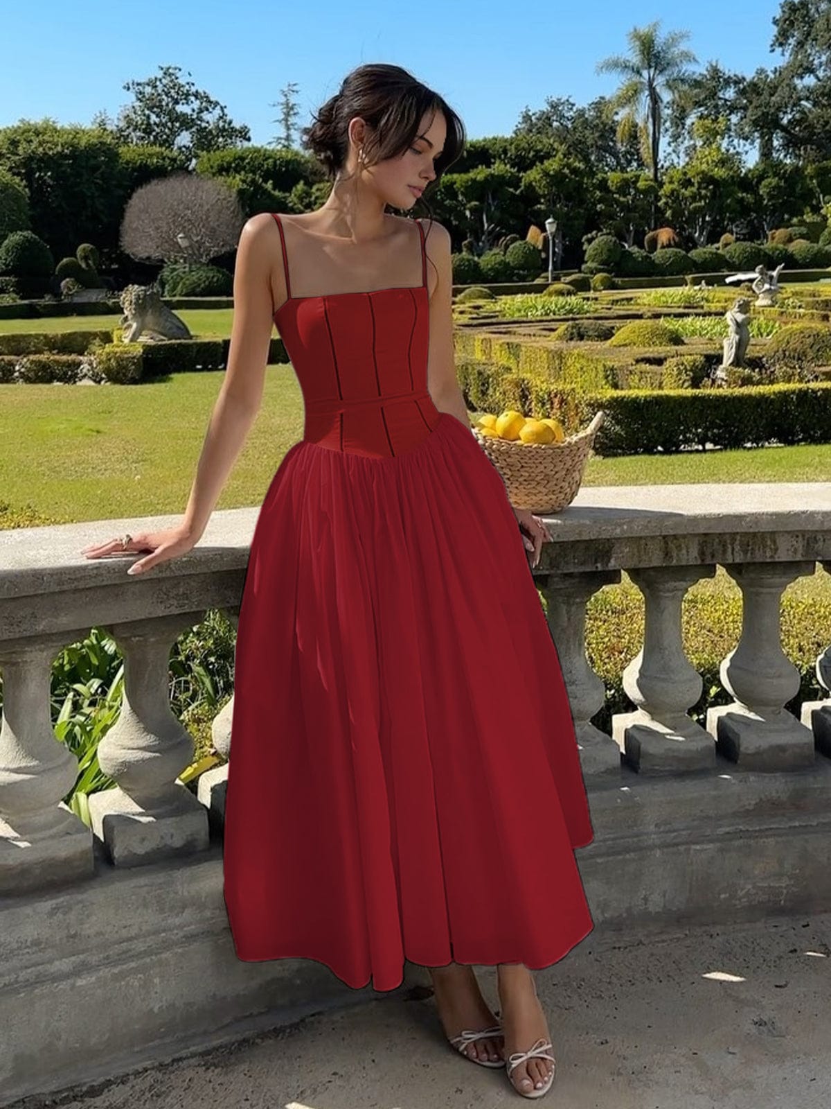 Elegant Strapless Midi Dress for Women with Corset Bodice Full Tea Length Skirt Formal Wedding Guest Style