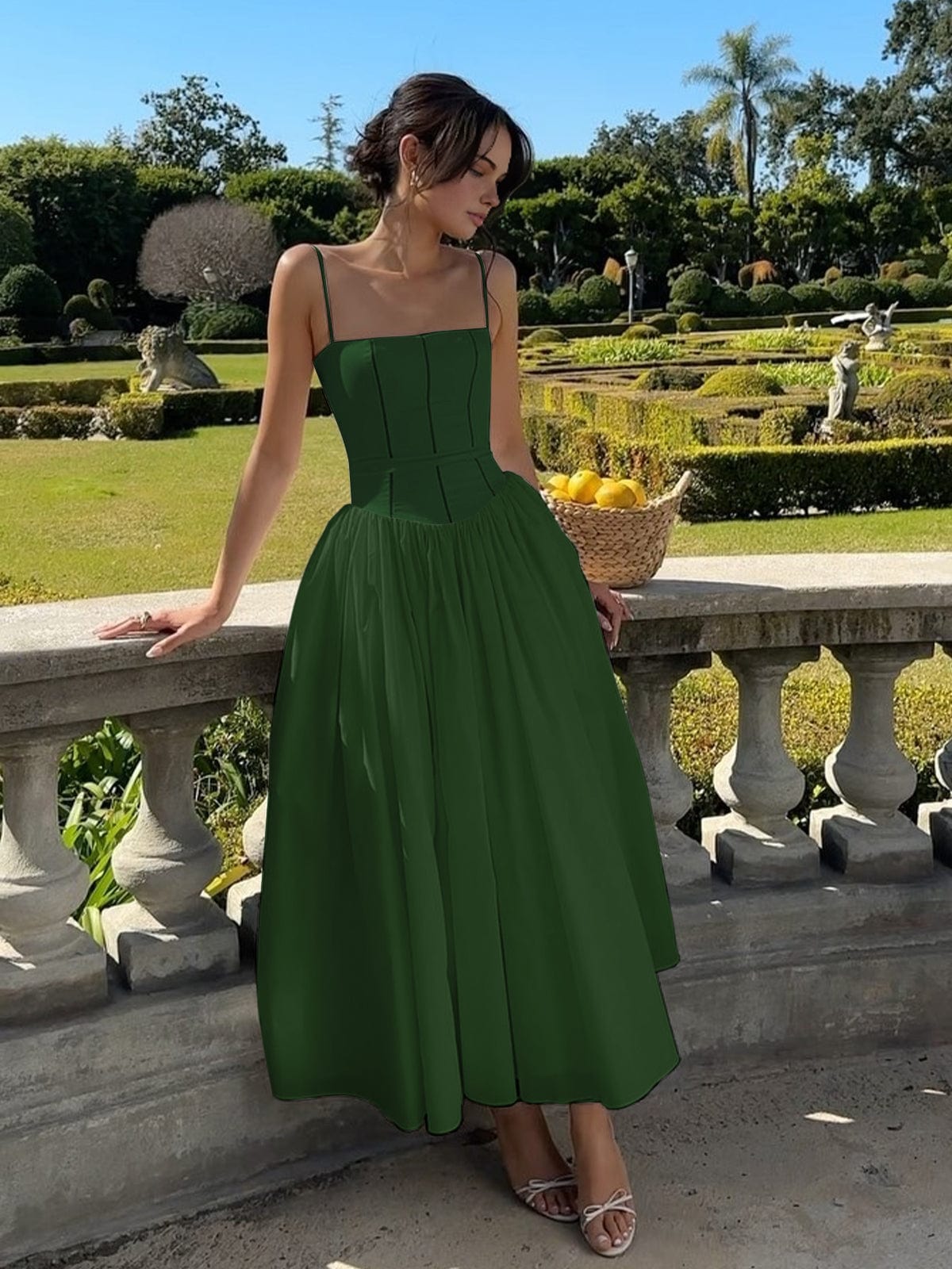 Elegant Strapless Midi Dress for Women with Corset Bodice Full Tea Length Skirt Formal Wedding Guest Style