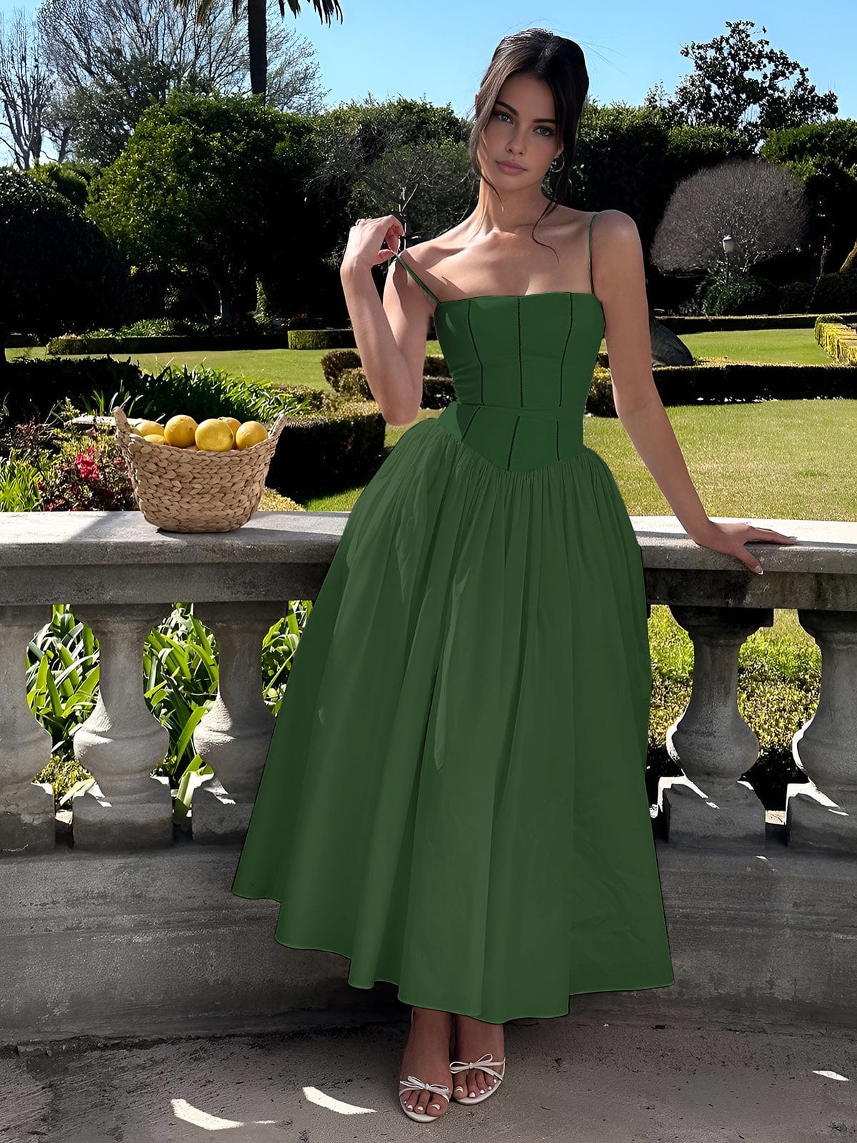 Elegant Strapless Midi Dress for Women with Corset Bodice Full Tea Length Skirt Formal Wedding Guest Style